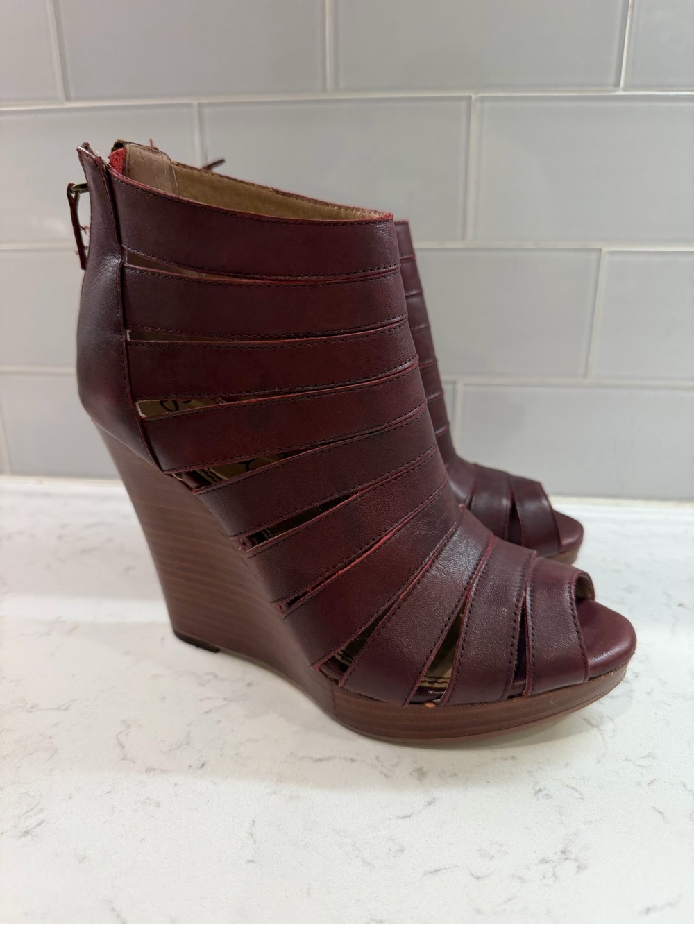 Splendid Burgundy Strappy Peep-Toe Wedge Booties